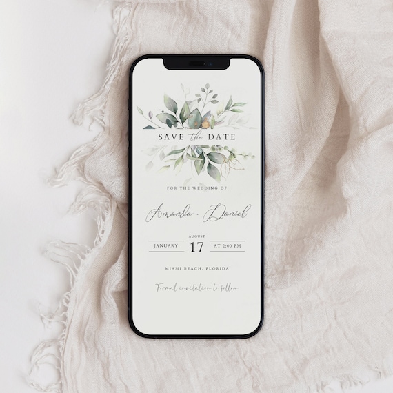 Greenery Save the Date Digital Invitation, Elegant E-vite (Instant Download)