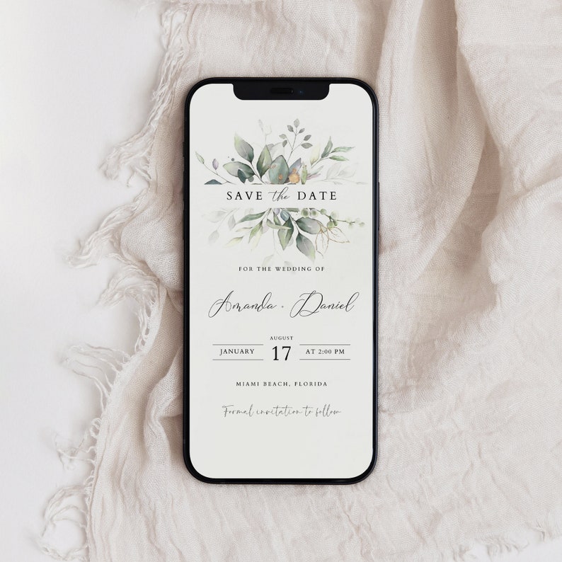 May include: A digital save the date card with a floral design. The text reads "Save the Date" for the wedding of Amanda and Daniel. The date is August 17th at 2:00 PM in Miami Beach, Florida.