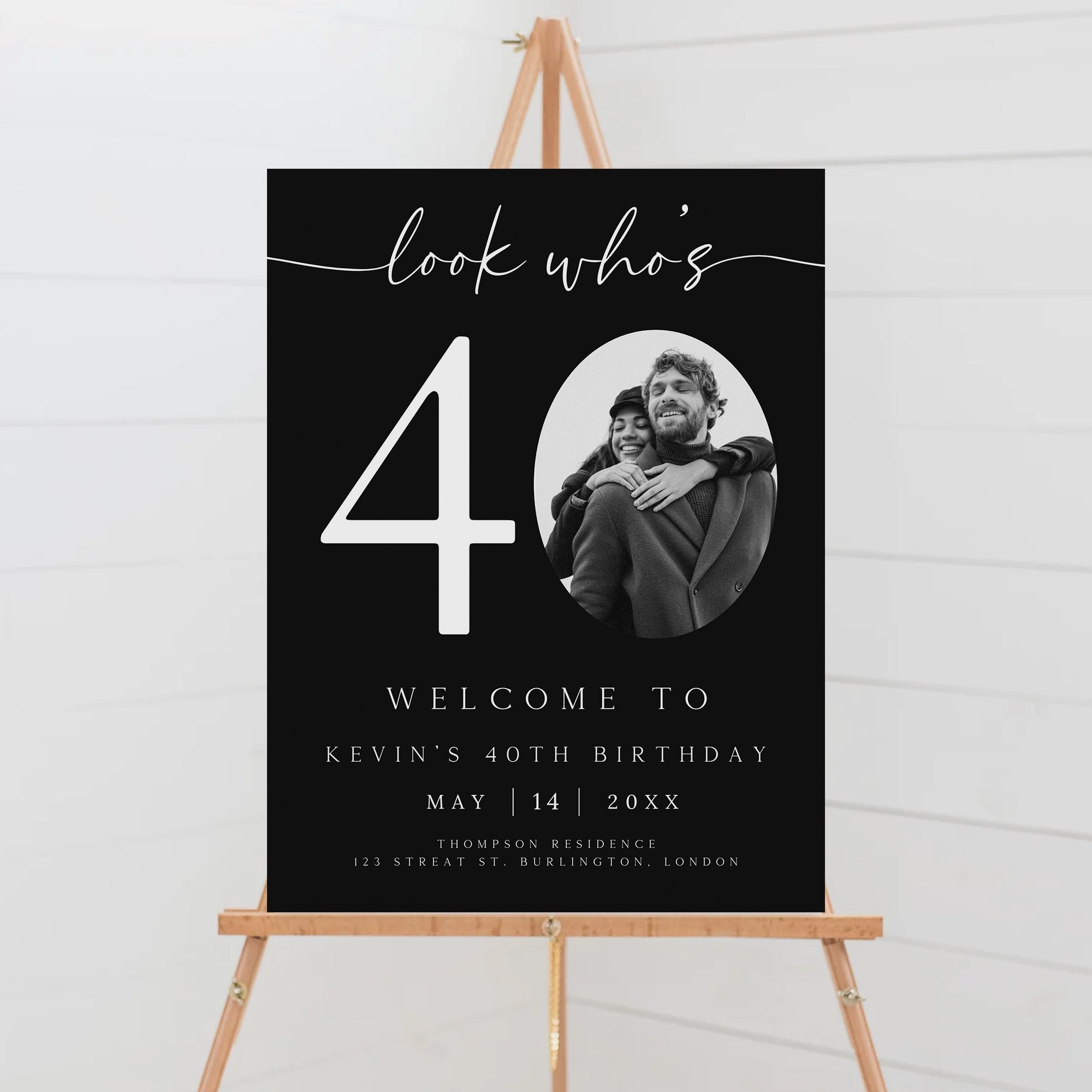 Striscione di compleanno personalizzato nero e oro, decorazioni per