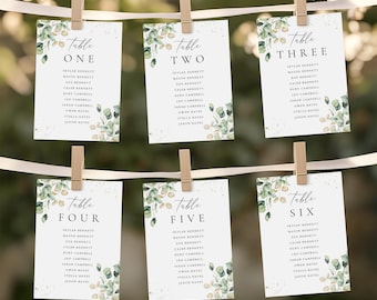 Greenery Wedding Seating Card Template, Eucalyptus Table Numbers (Digital)