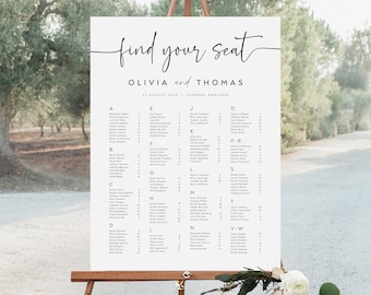 Plantilla de plano de asientos para bodas en orden alfabético, plano de asientos minimalista (archivo digital)