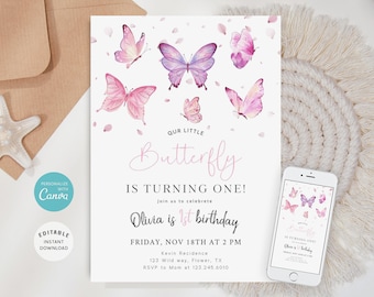 Butterfly First Birthday Invitation, Girl Birthday Party (Digital Download)