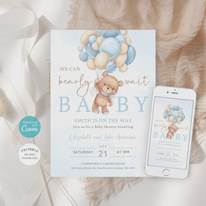Invito modificabile per baby shower con palloncino a forma di orso bruno, invito per baby shower "Non vediamo l'ora", invito per baby shower con palloncino blu B-02