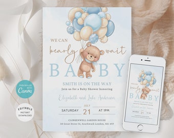 Editable Brown Bear Balloon Baby Shower Invitation, We Can Bearly Wait Baby Shower Invite, Blue Balloon Baby Shower B-02