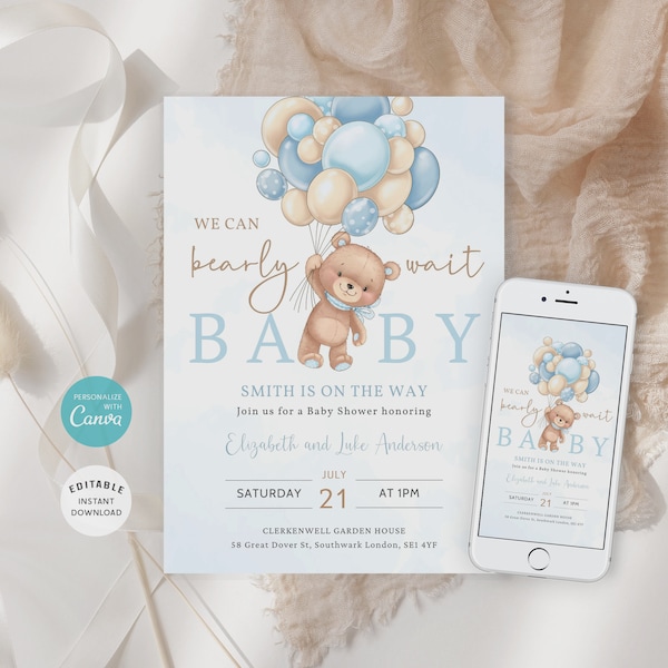 Editable Brown Bear Balloon Baby Shower Invitation, We Can Bearly Wait Baby Shower Invite, Blue Balloon Baby Shower B-02