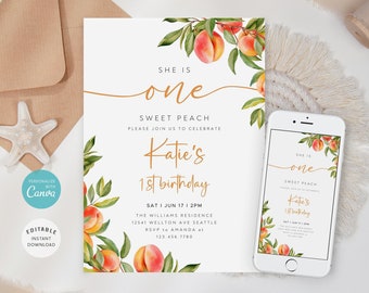 Peach 1st Birthday Invitation Template, Editable Girl Birthday Invite (Digital Download)