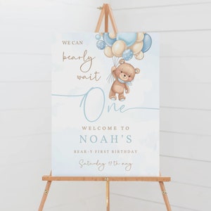 Panneau modifiable pour le 1er anniversaire, affiche de bienvenue anniversaire ours en peluche, panneau de bienvenue premier anniversaire, anniversaire garçon imprimable, téléchargement immédiat, BS-24