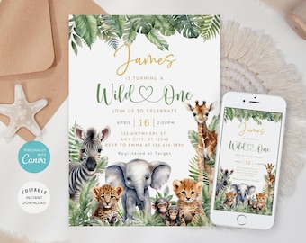 Editable Safari First Birthday Invitation, Jungle Animals (Instant Download)