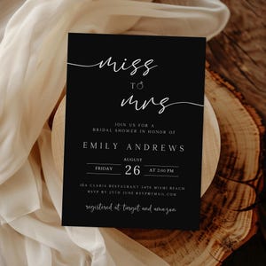 Miss to Mrs Bridal Shower Invitation Template, Editable Bridal Shower Invite, Black Bachelorette Party Invitation, Digital Download, BSI-93