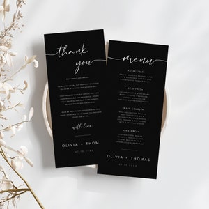 Black Wedding Menu and Thank you Card, Minimalist Menu Card, Thank You And Menu Place Setting Cards, Editable Template, WM-23