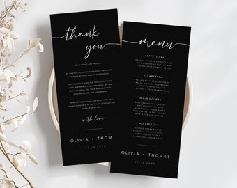 Op de afbeelding: Zwarte en witte bedank- en menukaarten voor de bruiloft met een eenvoudig schrijflettertype. De bedankkaart luidt "Bedankt" en "Lieve familie en vrienden, we willen onze oprechte dankbaarheid uitspreken voor jullie aanwezigheid op onze trouwdag. Jullie aanwezigheid heeft onze speciale dag nog onvergetelijker en betekenisvoller gemaakt. We zijn jullie enorm dankbaar voor jullie warme wensen, oprechte glimlachen en lieve steun. Deze vreugdevolle gelegenheid met jullie te delen, heeft heel veel voor ons betekend. Bedankt aan ieder van jullie. Met liefde, Olivia + Thom 07.10.20XX". De menukaart luidt "Menu" en bevat de volgende menu-items: "Voorgerecht: Romige ricotta polenta cake met champignons ragout en geroosterde tomaten uit de oven", "Voorgerechten: Italiaanse bruschetta champignons, gebakken brie hapjes met worst en champignons gevuld met Parmezaanse kaas", "Hoofdgerecht: Gegrilde rundvleesbroccolini, champignons en rode uien, paprika's, een rib-eye met teriyaki glazuur", "Nagerechten: Klassieke crème brûlée, fluweelzacht en simpelweg rijke karamel crème brûlée met een gekarameliseerde suikerkorst". De menukaart bevat ook de namen "Olivia + Thomas" en de datum "07.10.20XX".