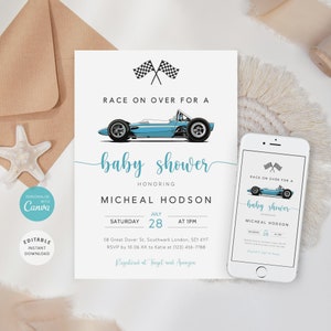Rennauto-Babypartyeinladung, blaues Rennauto einladen, Rennauto-Babypartyeinladung, Junge-Babyparty E-vite, Instant Download, B-451