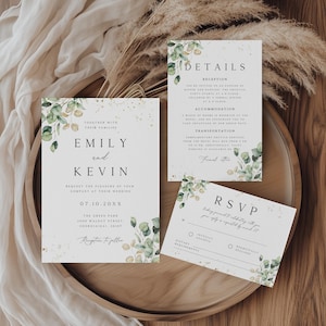 Grünes Gold Hochzeitseinladungs-Vorlagen-Set, Botanische Hochzeitseinladungs-Vorlage, Grünes Goldhochzeits-Einladungs-Set, Blätter Einladungs-Set, WI-241