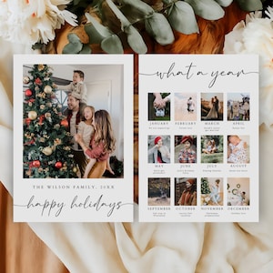 Tarjeta navideña editable con resumen del año, collage de fotos de tarjetas con el lema "Qué año es este", plantilla de tarjeta de Felices Fiestas, tarjeta con collage de fotos familiares, C-24