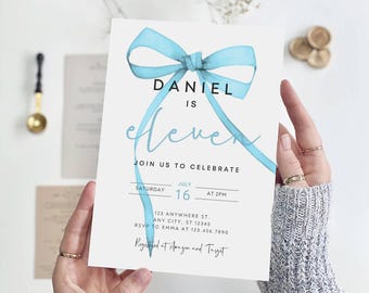 Blue Bow 11th Birthday Invitation Template (Digital Download)
