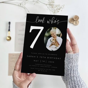 70th Birthday Invitation Template, Look Who&#39;s 70, Photo 70th Birthday Invite, Seventy Birthday Invitation, Adult Birthday, Black, AI-83