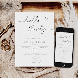 Editable 30th Birthday Invitation, Hello Thirty Invitation Template, Birthday Party Invite, Adult Birthday Invitation, 40th, 50th, AI-25