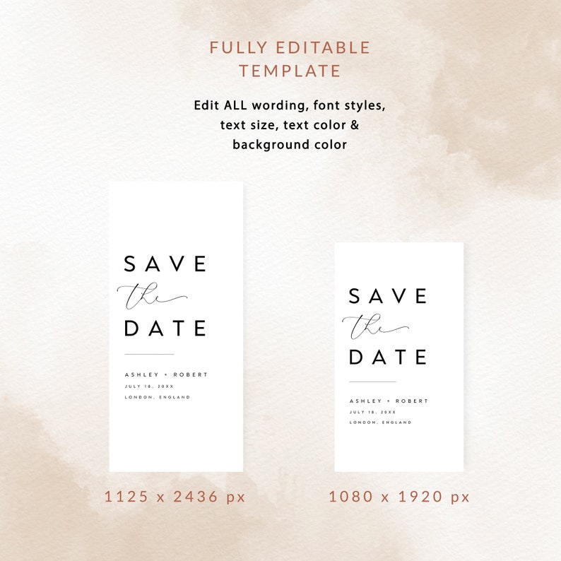 Puede incluir: Dos tarjetas de guardar la fecha con un dise&ntilde;o minimalista. Las tarjetas son blancas con texto negro que dice "Save the Date" con un "the" escrito a mano. El texto tambi&eacute;n incluye los nombres "Ashley + Robert", la fecha "July 18, 2023" y la ubicaci&oacute;n "Londres, Inglaterra". Las tarjetas se muestran en dos tama&ntilde;os diferentes: 1125 x 2436 p&iacute;xeles y 1080 x 1920 p&iacute;xeles.