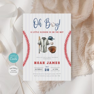 May include: A blue and white baseball-themed baby shower invitation with red stitching. The invitation says "Oh Boy! A Little Slugger Is On The Way" and includes the name "Noah James".