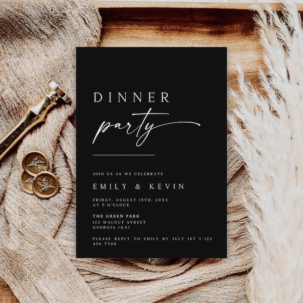 Dinner Party Invitation Template, Black Rehearsal Dinner Invite, Birthday Dinner Invitation, Dinner Party Invite, Editable, WI-82