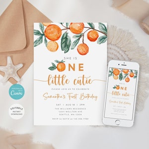 Little Cutie First Birthday Invitation, One Little Cutie 1st Birthday Invitation, One Little Cutie Invite, Editable Template, Evite, B-258