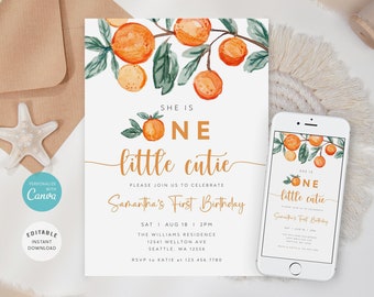 May include: Orange themed first birthday invitation with a watercolor illustration of orange branches and the text "She is One little cutie Samantha's First Birthday" with details for the event. The invitation is accompanied by a digital version of the invitation on a smartphone.