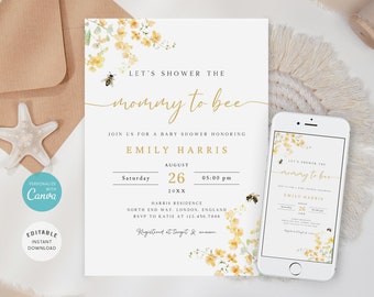 May include: A baby shower invitation with a watercolor floral design featuring yellow flowers and bees. The invitation is for Emily Harris and is set for August 26th at 5:00 pm. The invitation includes the text "Let's shower the mommy to be" and the address for the event.