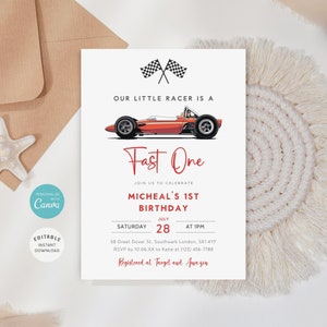 May include: A white invitation with red and black checkered flags, a red race car, and the text "Our Little Racer is a Fast One". The invitation is for Micheal's 1st Birthday party. The party is on Saturday, July 28th at 1 PM. The address is 58 Great Dover St. Southwark London, SE1 4YF. RSVP by 10.06.XX to Katie at (123) 456-7788. Registered at Target and Amazon.