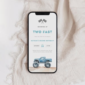 Editable Monster Truck Birthday Invitation, Blue Monster Truck B&#39;day Evite, Growing Up Two Fast Invitation, Boys Birthday Party Evite, B-468