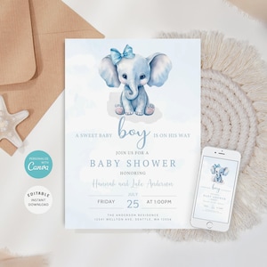 Invitación EDITABLE Baby Shower Elefante Azul, Invitación Niño Bebé Elefante, Invitaciones Baby Shower Azul, Plantilla Imprimible, B-04
