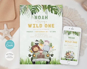 Wild One Birthday Invitation, Safari Animals, Editable Template (Digital Download)
