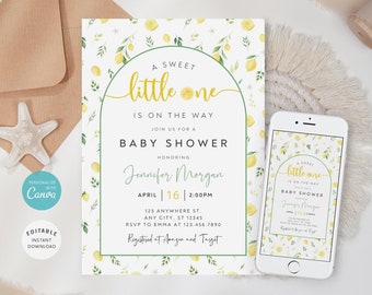 May include: A lemon-themed baby shower invitation with a white background and green and yellow watercolor illustrations of lemons, leaves, and flowers. The text reads "A Sweet Little One Is On The Way. Join Us For A Baby Shower Honoring Jennifer Morgan. April 16 2:00PM. 123 Anywhere St. Any City, ST 12345. RSVP to Emma at 123.456.7890. Registered at Amazon and Target."
