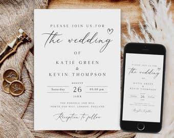 Minimalist Wedding Invitation Template, Editable Invite (Digital Download)