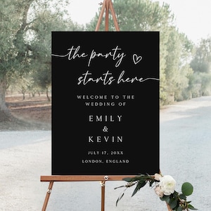 Teken The Party Starts Here, bewerkbaar welkomstbord bruiloft, welkomstposter receptie, zwart decor bruiloft, modern, SG-268