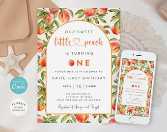 Peach First Birthday Invitation Template, Editable Fruit Invite (Digital Download)