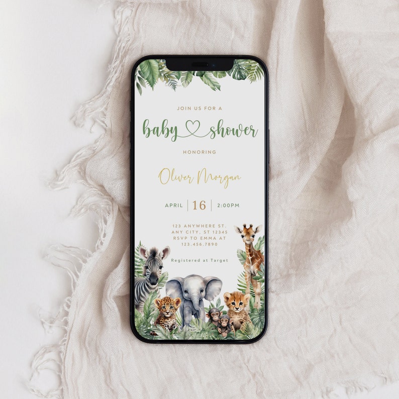May include: A digital invitation for a baby shower with a jungle theme. The invitation features a green leafy background with a heart and the text "Join us for a baby shower honoring Oliver Morgan". The date is April 16th at 2:00 PM. The invitation also includes a giraffe, zebra, elephant, lion, and monkey.