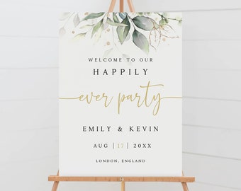 Happily Ever Party Welcome Sign, Greenery Wedding Welcome Sign Template, Reception Sign, Minimalist Welcome Sign Poster, SG-164