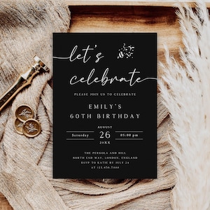 Let's Celebrate Invitation Template, Editable Surprise Birthday Party Invite, Anniversary Invites, Blacj Digital Invite, AI-03