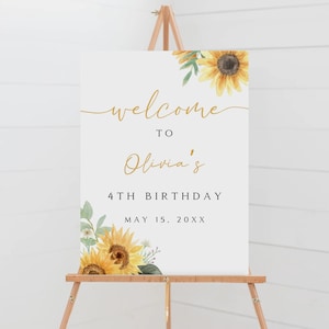 Boho zonnebloem verjaardag welkomstbord, rustieke zonnebloem poster 4e verjaardag, zonnebloem verjaardag decor, bewerkbare sjabloon, BS-114