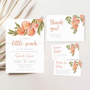 Paquete de invitaciones para baby shower de Peach, un pequeño y dulce juego de invitaciones para baby shower de Peach, tarjeta de agradecimiento, rifa de pañales, libros para bebé, BSB-04
