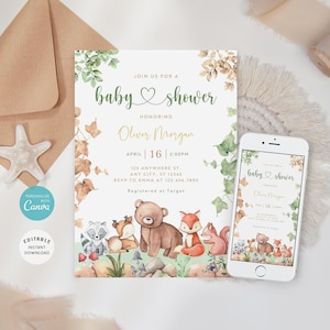 Woodland Baby Shower Invitation Template, Forest Animals Invite, Boy Baby Shower Invitation, Woodland animals Invite, Evite, B-261