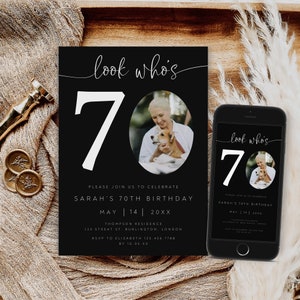 70th Birthday Invitation Template, Look Who&#39;s 70, Photo 70th Birthday Invite, Seventy Birthday Invitation, Adult Birthday, Black, AI-82