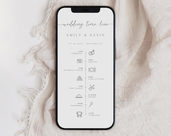 Peut inclure: Une capture d'écran de smartphone affichant un planning de mariage sur fond blanc. Le planning comprend les événements suivants : cérémonie, photos, dîner et toasts, coupe du gâteau, première danse, buffet, feux d'artifice et calèches. La date et le lieu du mariage sont également indiqués : 07.10.20XX, NEWYORK, NT.