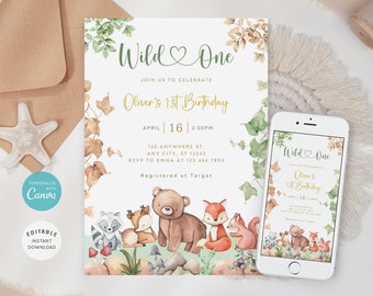 May include: A printable invitation for a first birthday party with a woodland theme. The invitation features a green and brown color scheme with a heart and the text "Wild One". The invitation also features a bear, fox, raccoon, and deer.