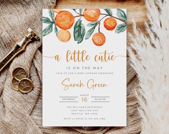 Invitación editable para baby shower "Little Cutie", temática cítrica (descarga digital)