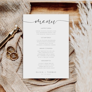 Plantilla de tarjeta de menú de boda, tarjeta de menú imprimible, menú de boda 5x7 y 8x10, tarjeta de menú minimalista, plantilla editable, descarga instantánea, WM-25