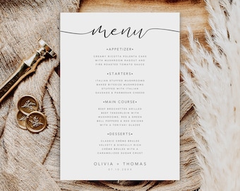 Plantilla minimalista para menú de boda, imprimible en tamaños 5x7 y 8x10 (descarga instantánea)