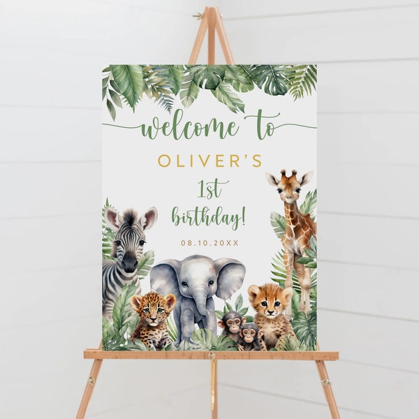 Editable Safari Birthday Welcome Sign, Wild One Birthday Party Decor, Jungle Animals Birthday Sign, First Birthday Party Custom Sign, BS-42