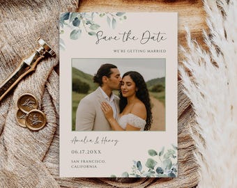 Printed Photo Save the Date Cards, Greenery Wedding Announcement, Beige Personalized Card