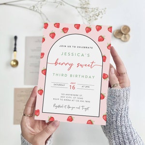 Editable Strawberry Birthday Invitation, Berry Sweet Birthday Invite, Girls Birthday Party Invitation, Strawberry Birthday Invite, B-359